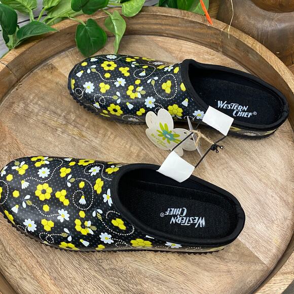 Western Chief Garden Clog Honey Bee Hive Black Yellow Flower NWT Slip On Shoes 9 - Picture 10 of 12
